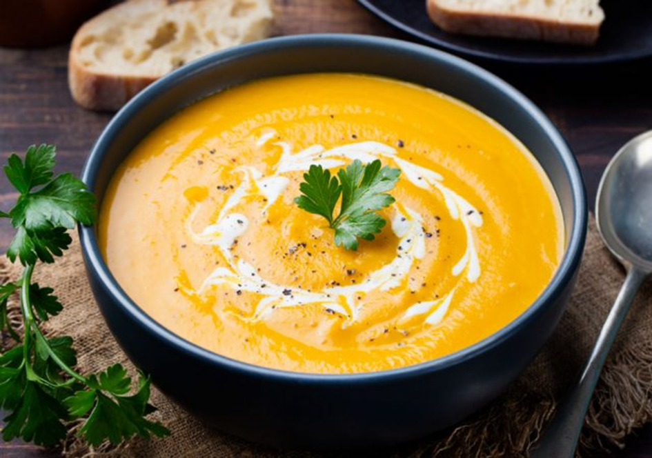 Bol avec de la soupe aux légumes de saison de couleur orange, avec de la crème, du poivre et du persil. Quelques tranches de pain son en arrière-plan.
